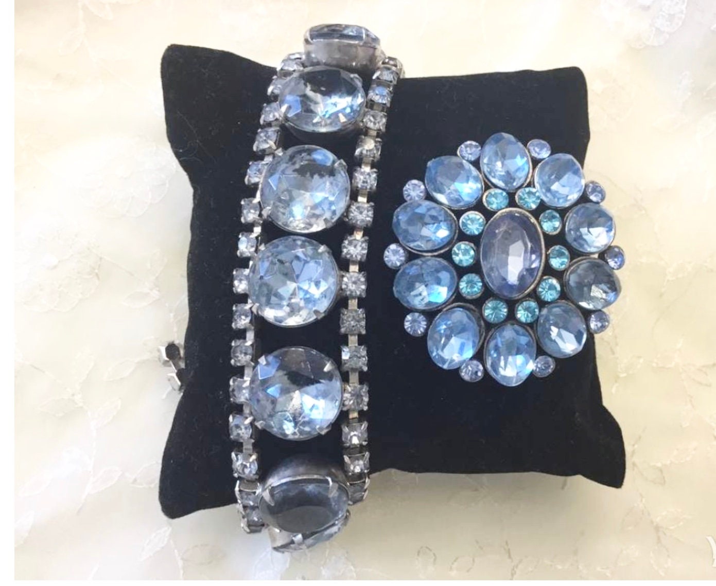Vintage Blue Rhinestones Bracelet and brooch ,Retro Costume Statement Crystal Jewelry