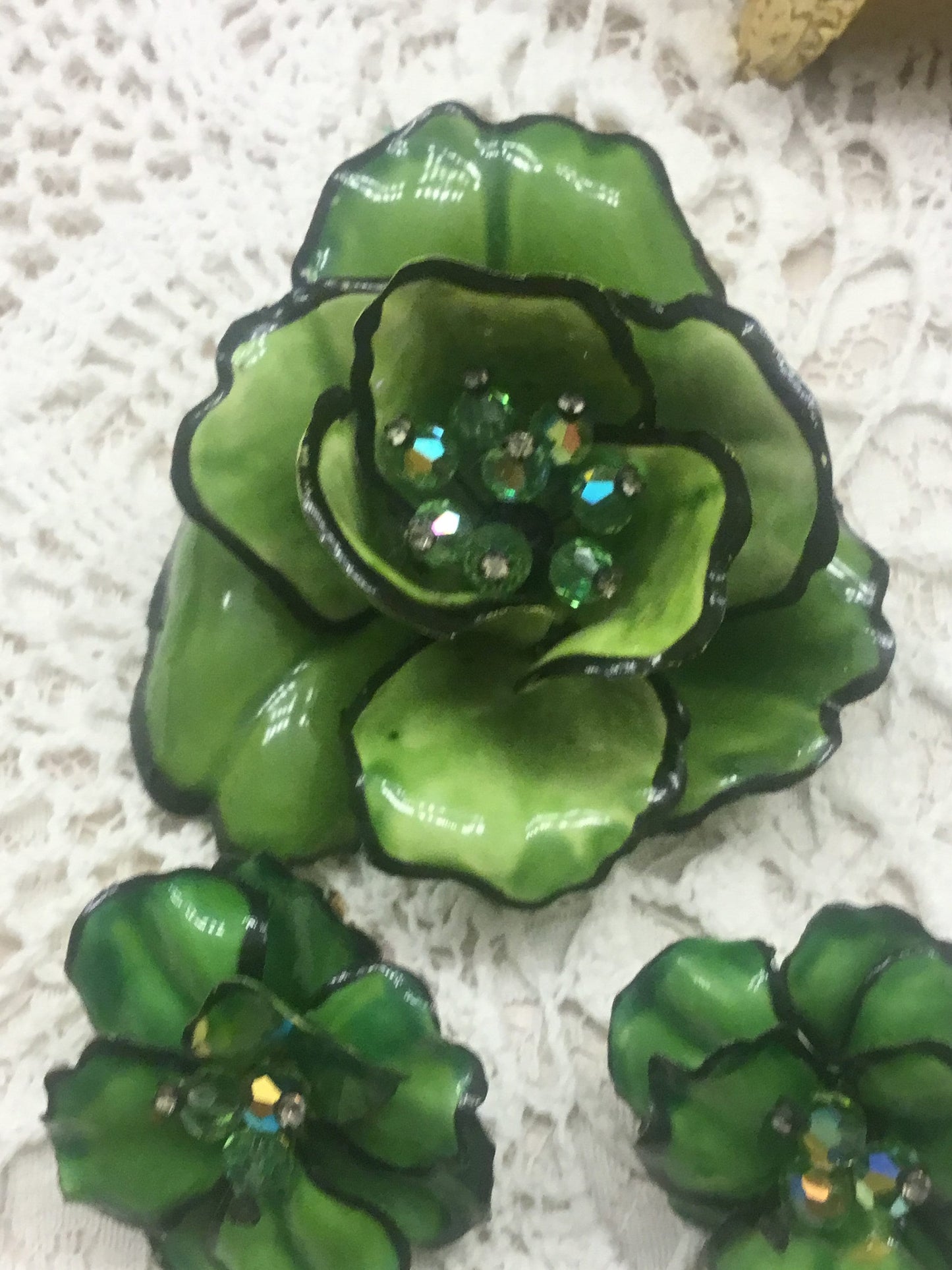 Signed Vendome Large painted enamel and Paste Flower brooch ,Earrings Set Suite,1960s