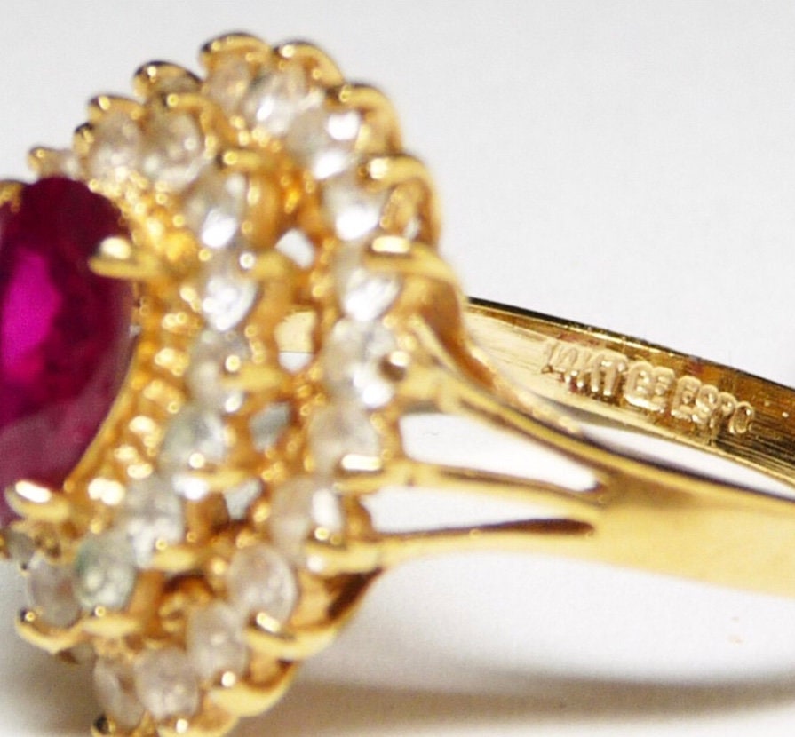Vintage Treated Red Ruby spinel Teardrop Ring - Gold Signed 14KT GE ESPO - 3 Tiered Ring - Treated Red Ruby Spinel ,Vintage