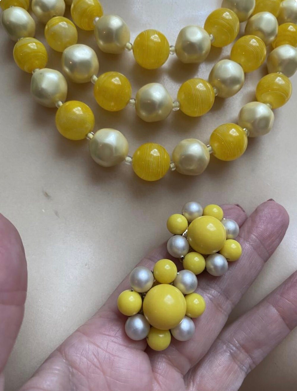 Triple strand bright yellow bead necklace set