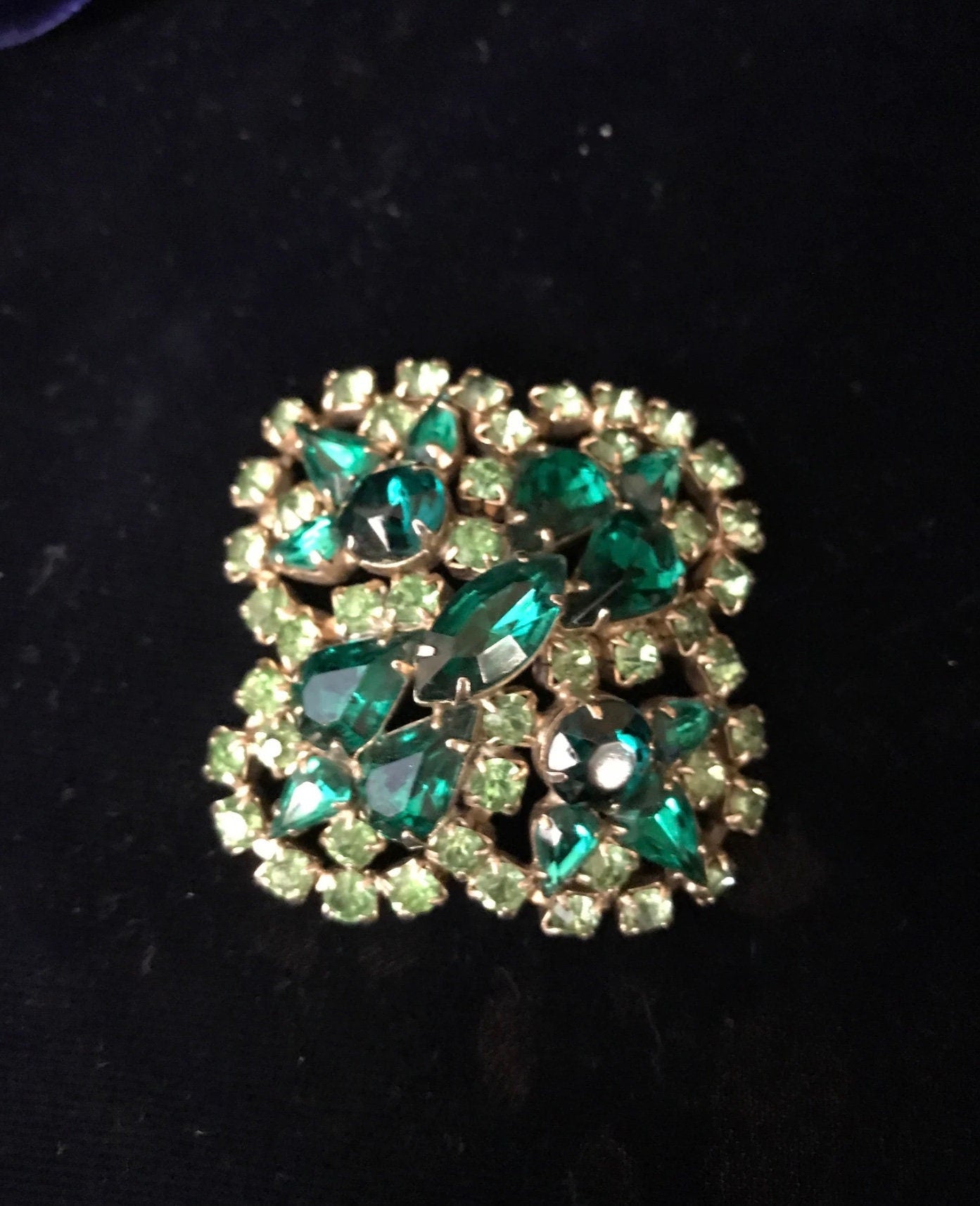 Garden of Green: Vintage Czech Brass Emerald Green Glass Cabochons & Rhinestone Bracelet Vintage Juliana Rhinestone Brooch Clip-On