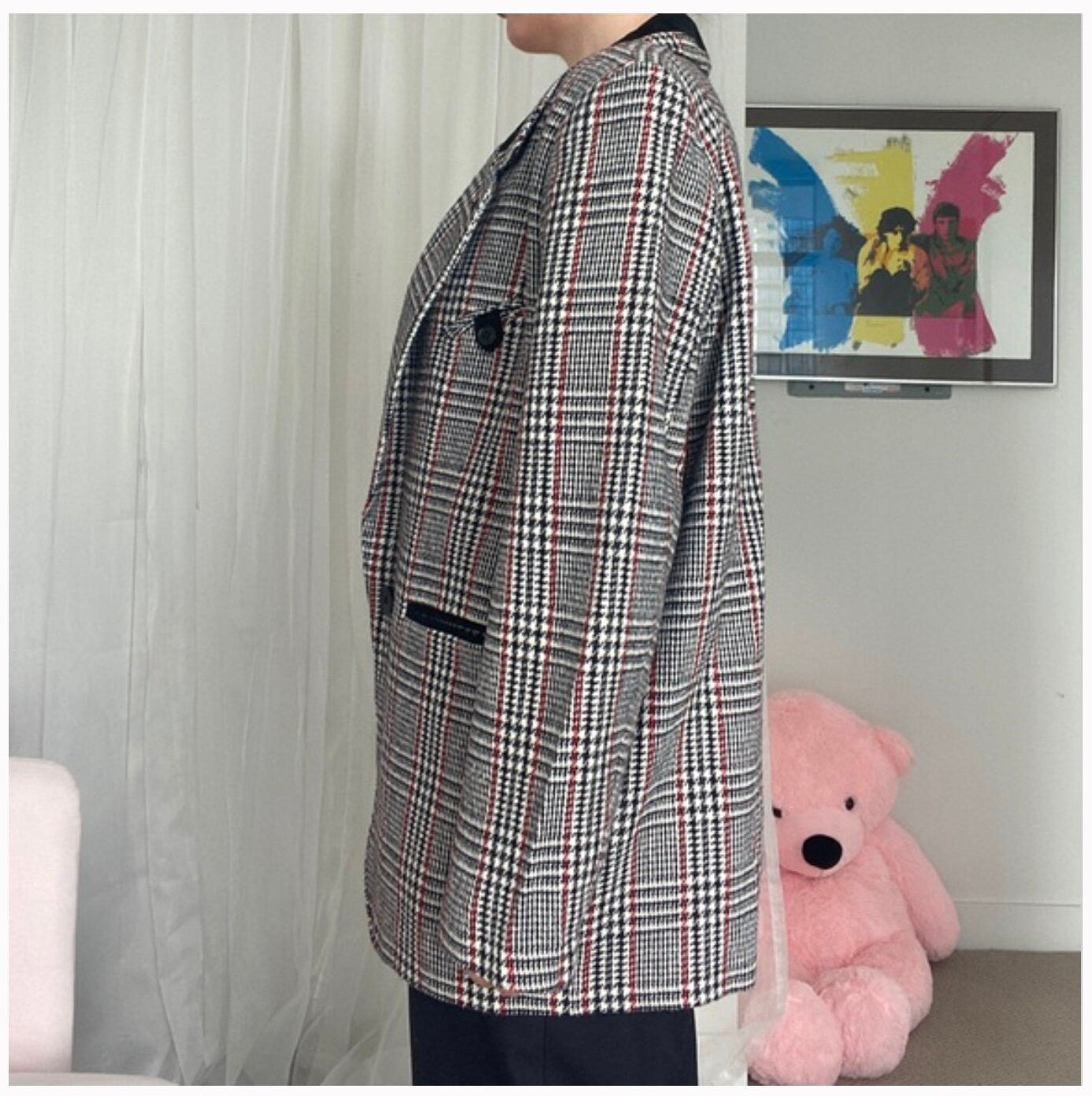 Vintage Houndstooth Plaid Wool Blend Blazer