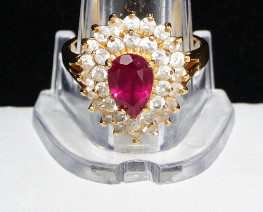 Vintage Treated Red Ruby spinel Teardrop Ring - Gold Signed 14KT GE ESPO - 3 Tiered Ring - Treated Red Ruby Spinel ,Vintage