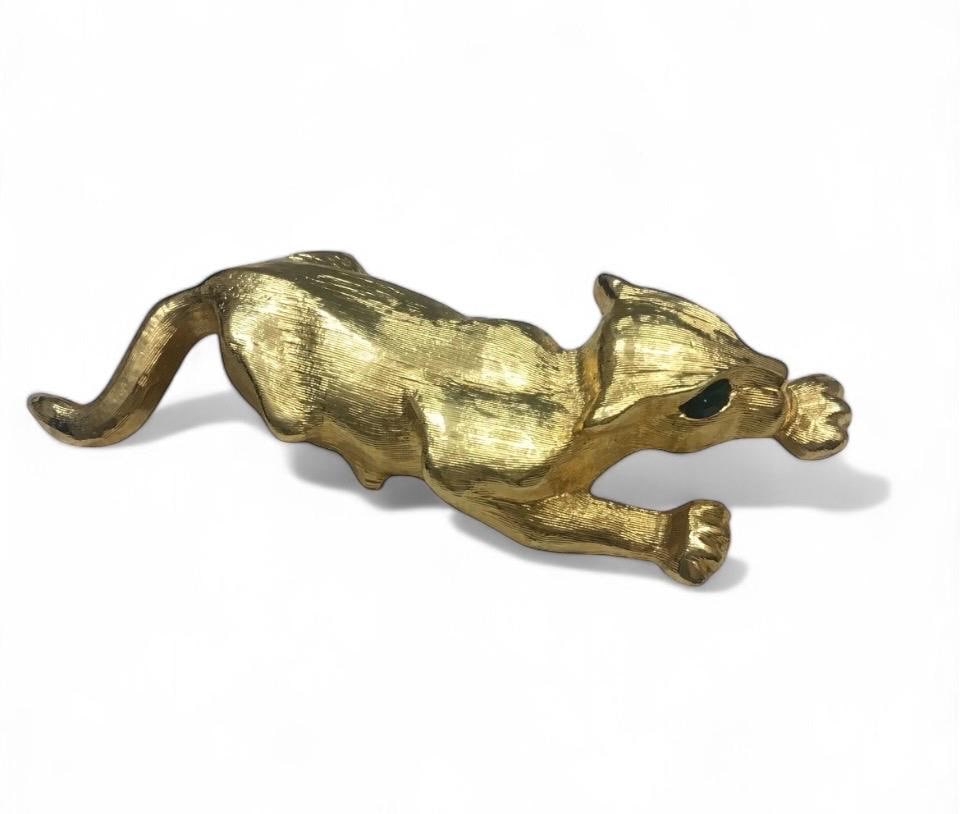 Fancy & Unusual Vintage 1970s leopard brooch with Green rhinestone eyes