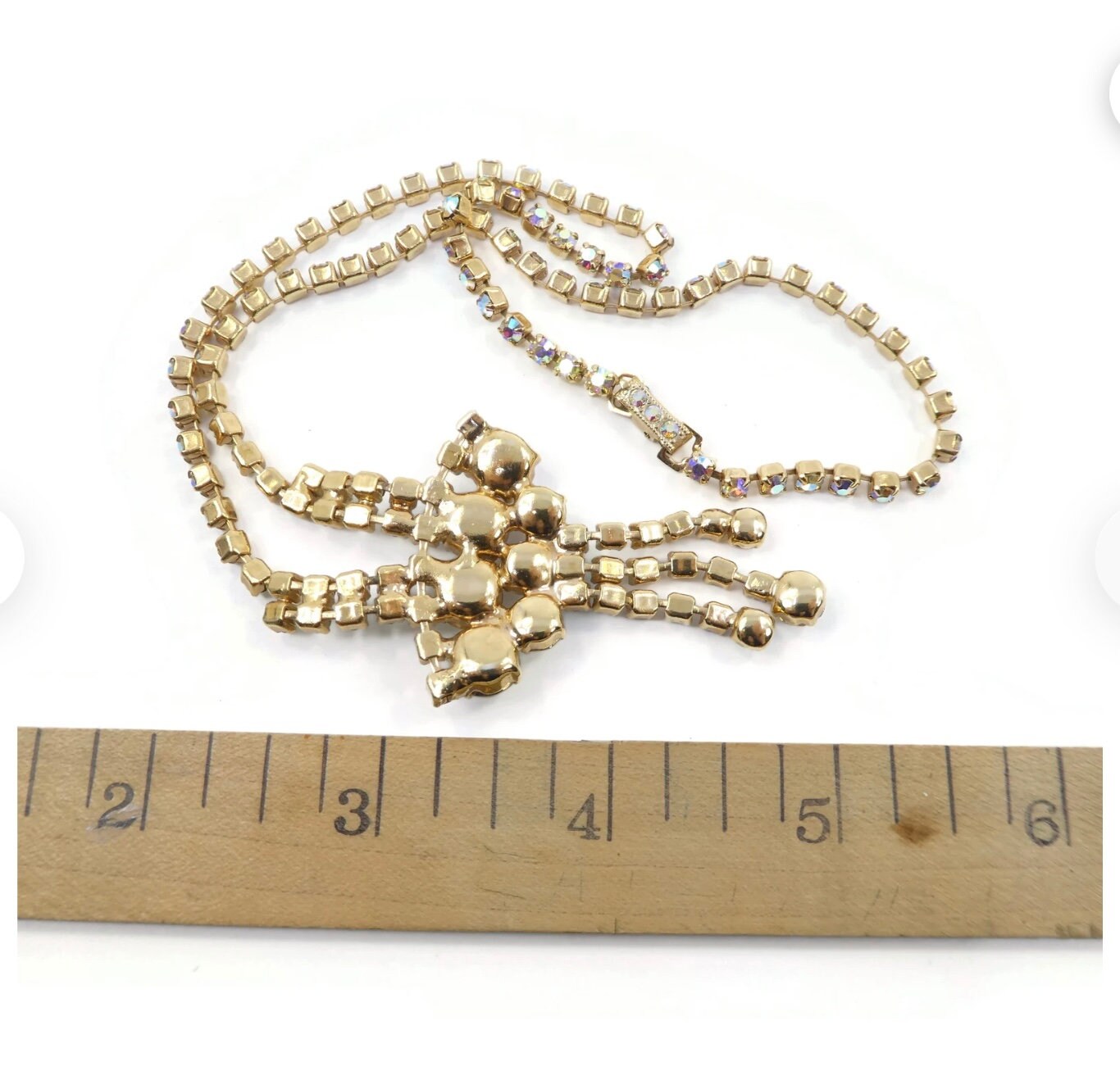 Vintage Aurora Borealis Rhinestone Necklace with Dangles, Gold Tone