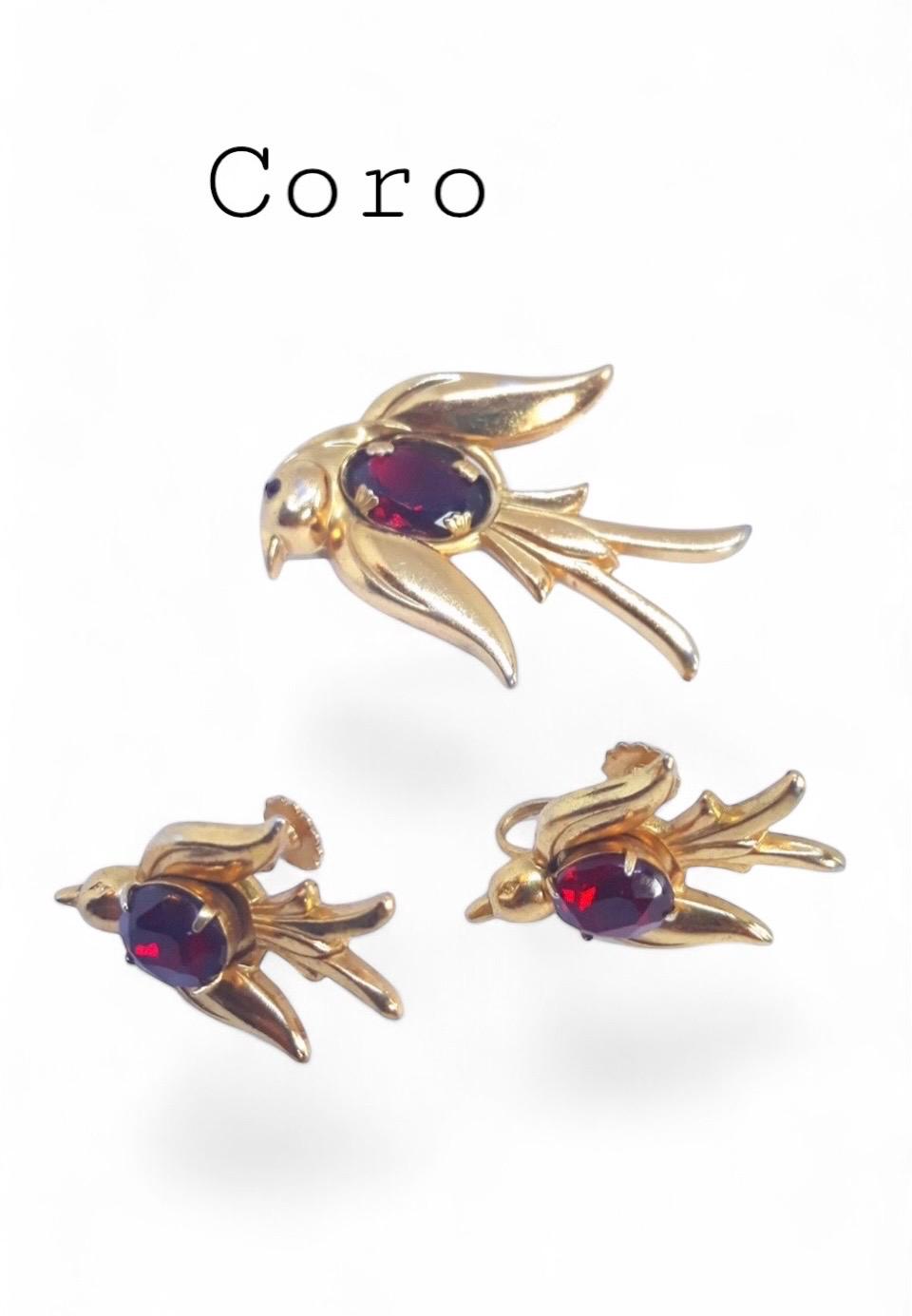 RARE early Coro Pegasus bird swallow rhinestone brooch pin & screw back earring jewellery,hallmarked Coro Craft.