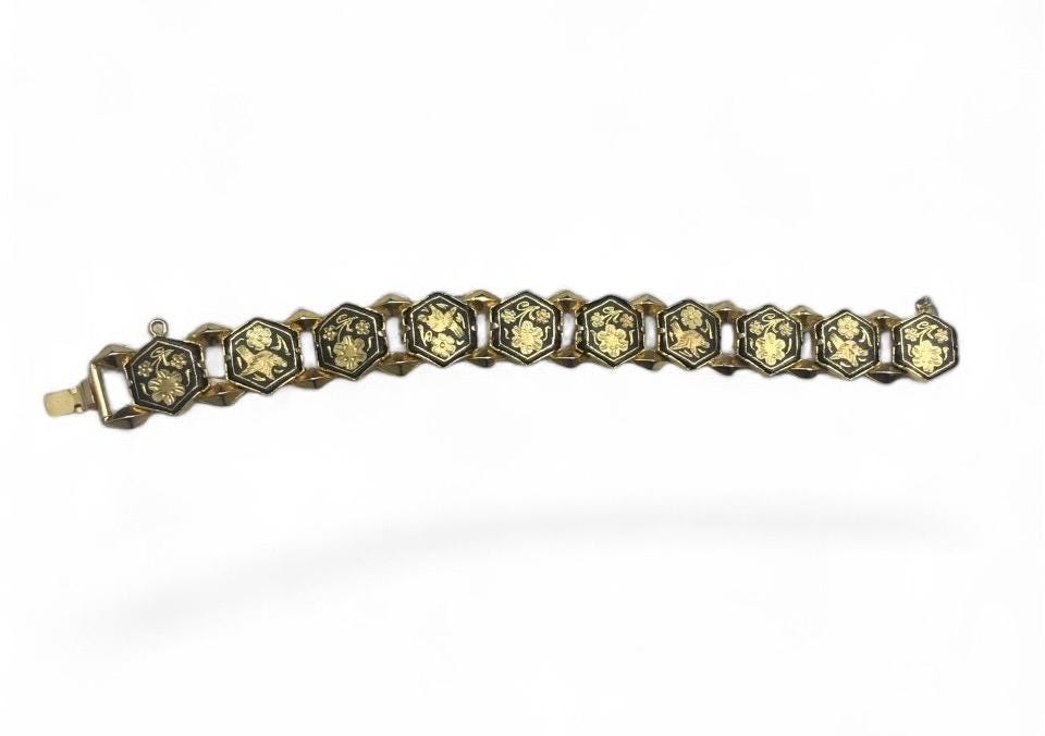 Victorian mourning Bracelet and brooch -- damascene antique bracelet and brooch - black and gold