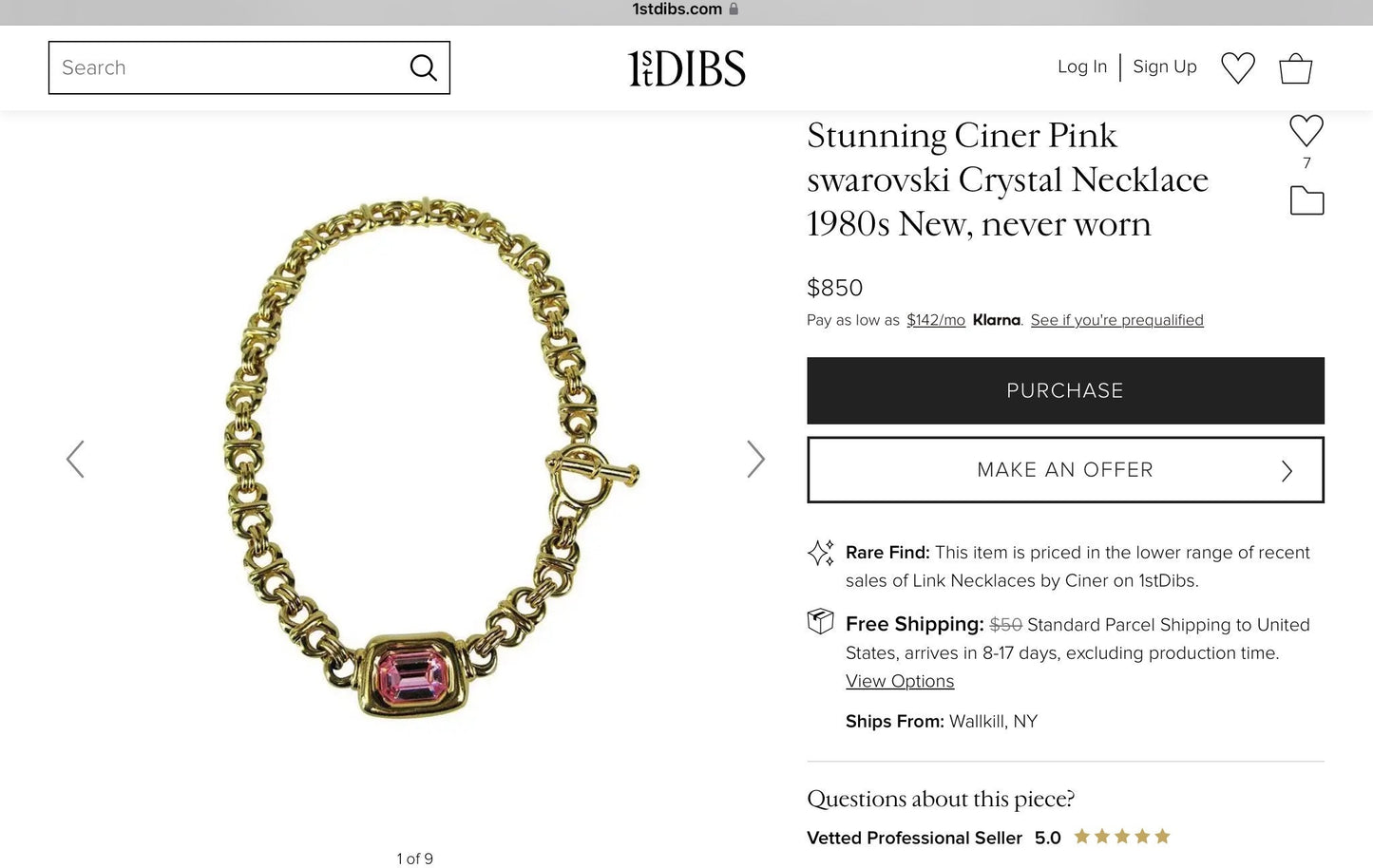Stunning Ciner Pink swarovski Crystal Necklace 1980s, Classic Ciner Gold Necklace, Wide Gold Choker,embellished in the center