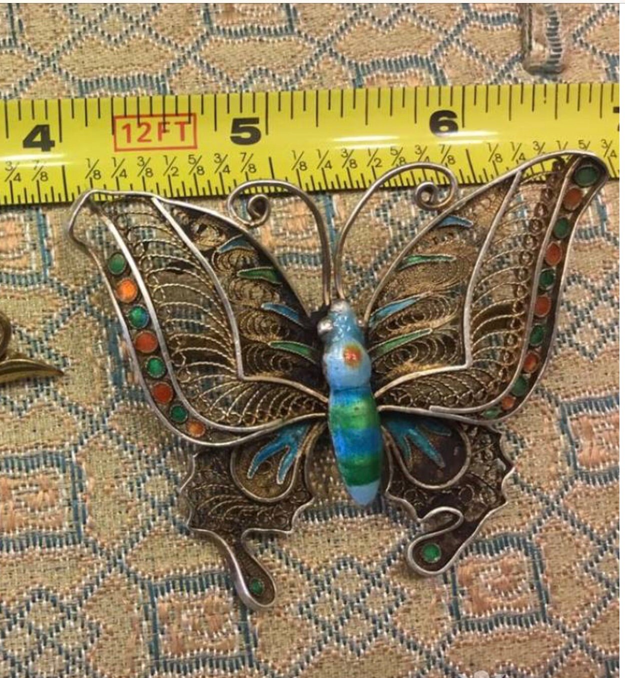 Huge Early 1900's Silver Filigree Enamel Butterfly Brooch Antique Oriental Jewelry, Chinese Export to France