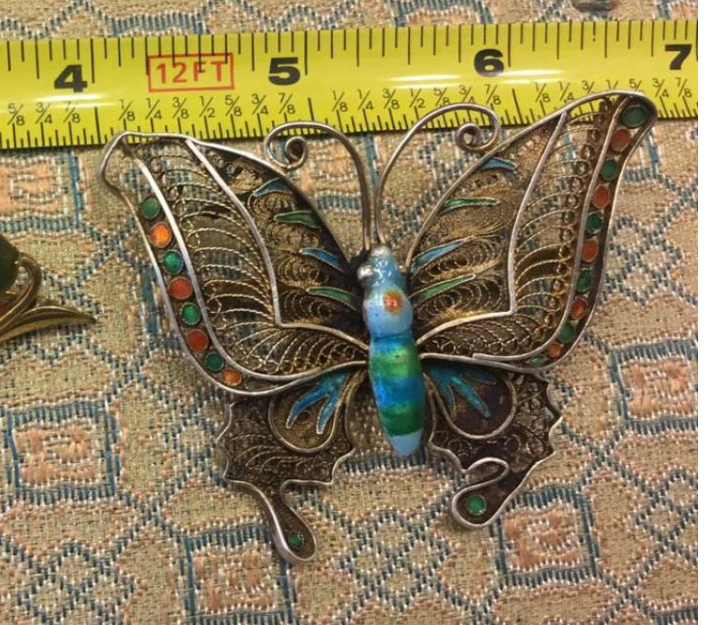 Huge Early 1900's Silver Filigree Enamel Butterfly Brooch Antique Oriental Jewelry, Chinese Export to France