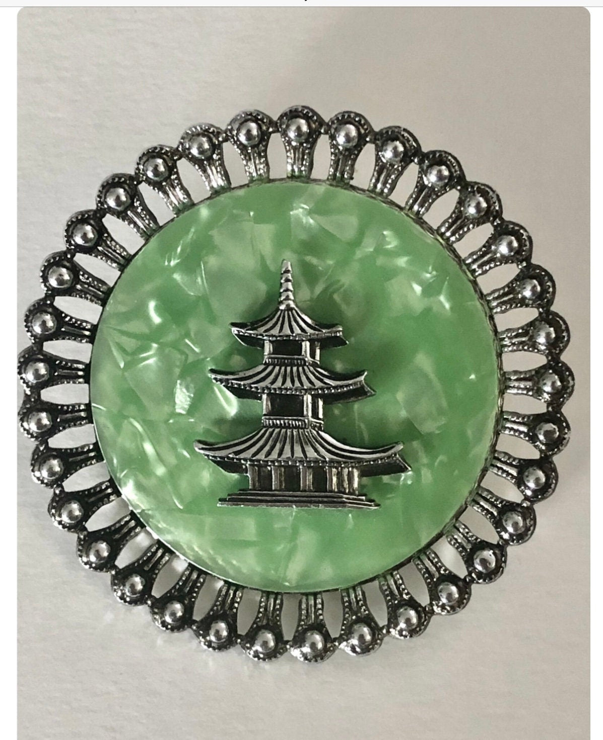 Green Marbled Lucite and Silver Pagoda Brooch and Earrings Set - Kitschy Retro Charm, Ornate Design, Lightweight Costume Jewelry
