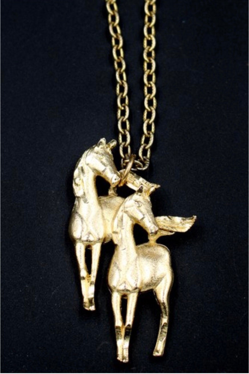 Vintage Horse Equestrian Figural Couple Pendant Necklace Chain