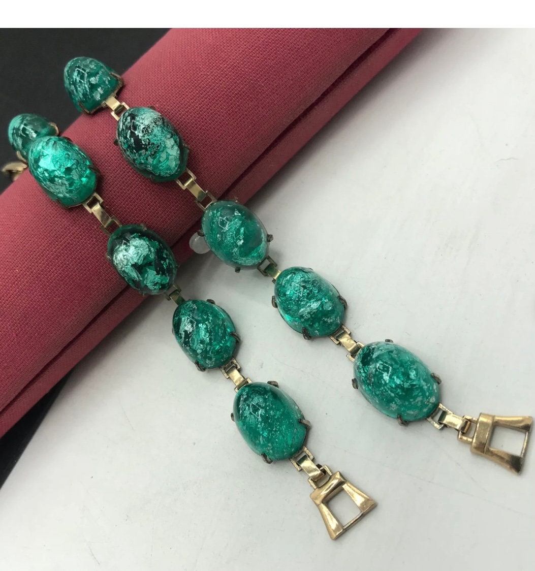 Vintage Bracelet Set: Aqua Green Cabochon Chunky Bracelets, a Timeless Gift for Her