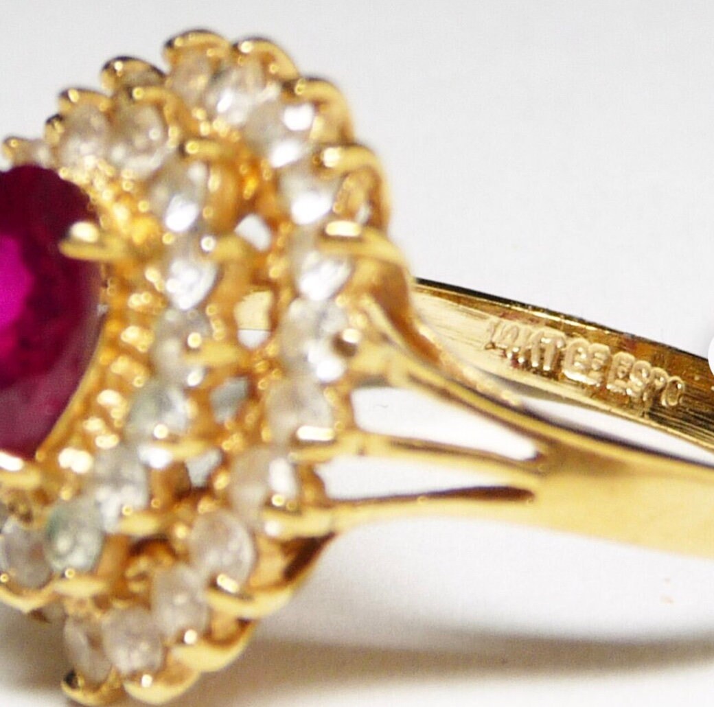 Vintage Treated Red Ruby spinel Teardrop Ring - Gold Signed 14KT GE ESPO - 3 Tiered Ring - Treated Red Ruby Spinel ,Vintage