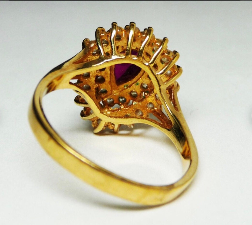 Vintage Treated Red Ruby spinel Teardrop Ring - Gold Signed 14KT GE ESPO - 3 Tiered Ring - Treated Red Ruby Spinel ,Vintage