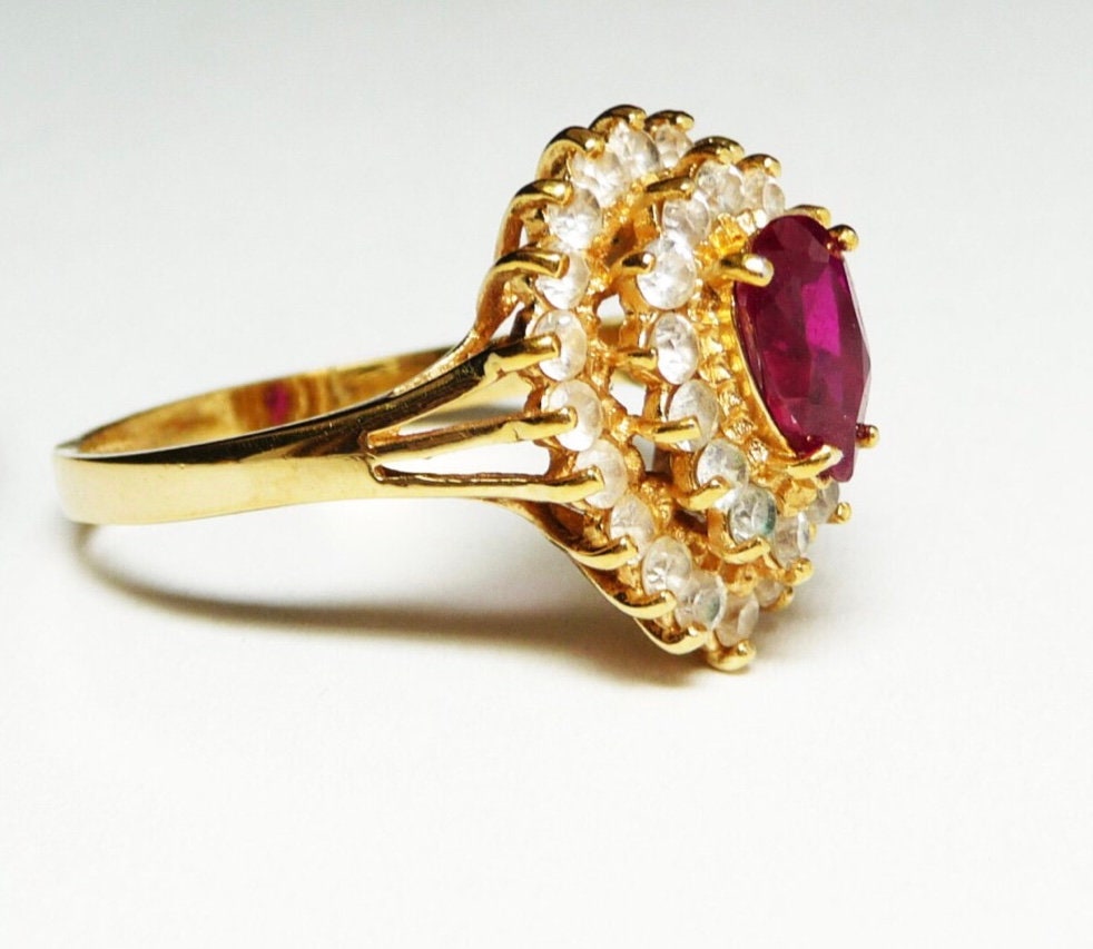 Vintage Treated Red Ruby spinel Teardrop Ring - Gold Signed 14KT GE ESPO - 3 Tiered Ring - Treated Red Ruby Spinel ,Vintage