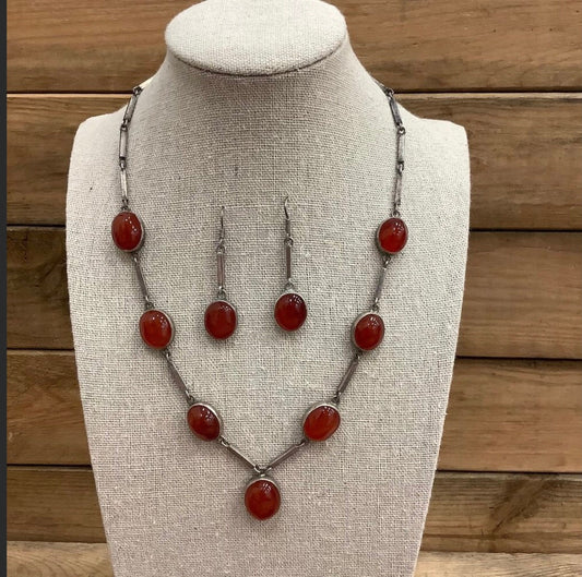 Vintage Silver Carnelian Necklace and Earring Set