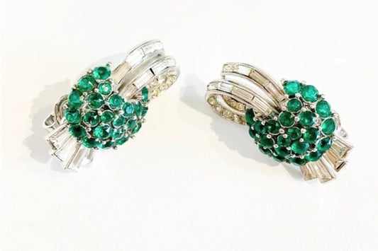 Extra Rare Vintage 1950s TRIFARI Faux Emerald Geometric Clip On Sparkly Earrings
