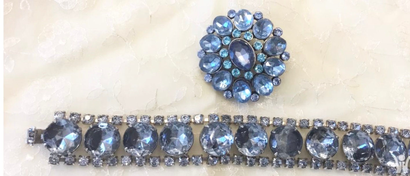 Vintage Blue Rhinestones Bracelet and brooch  ,Retro Costume Statement Crystal Jewelry