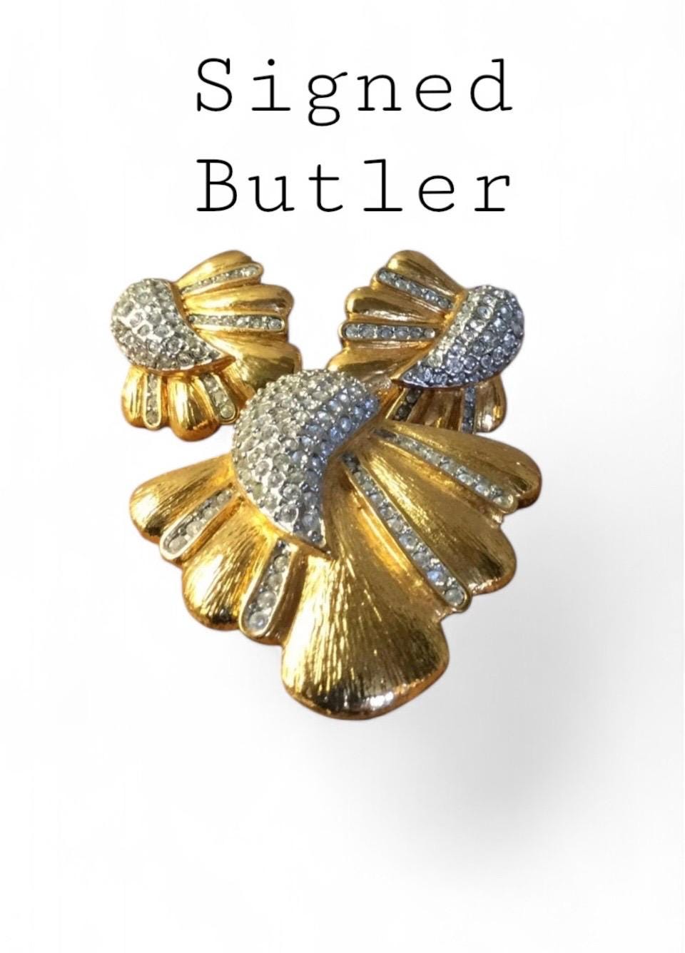 Signed Butler Rhinestone Gold Tone Demi Parure Brooch Pin