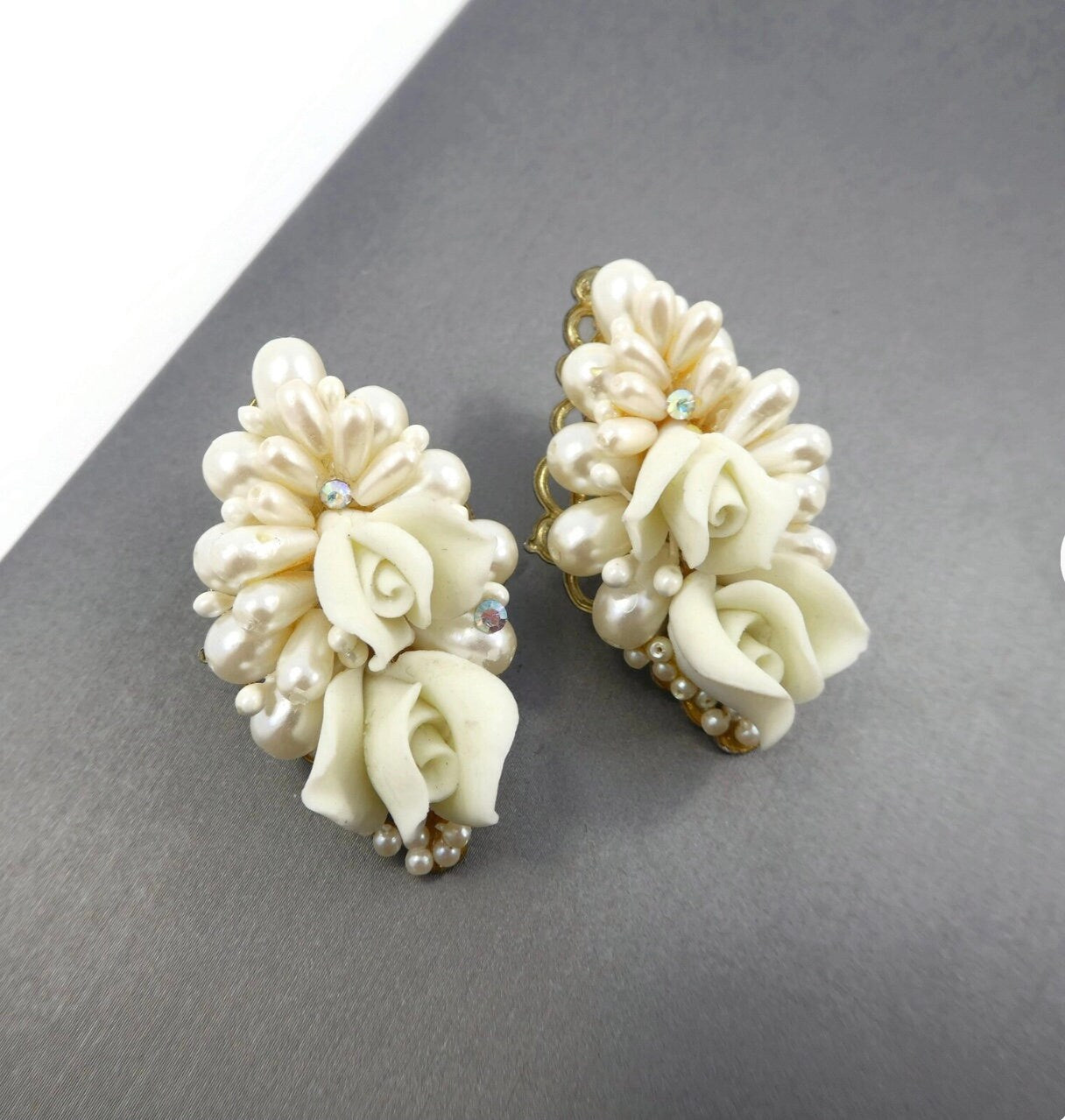 Vintage MARIE ANTOINETTE Signed Cream Pearled Cluster Bead Earrings with Ceramic Roses, Gold Tone, Clip Ons