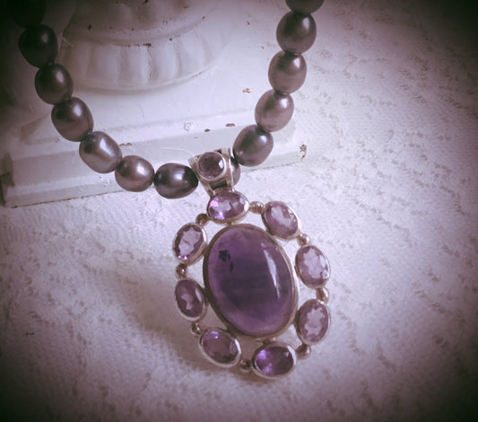 Dark Purple Oval Amethyst Pendant , Natural Black Baroque Freshwater Pearl Necklace 16 1/2”