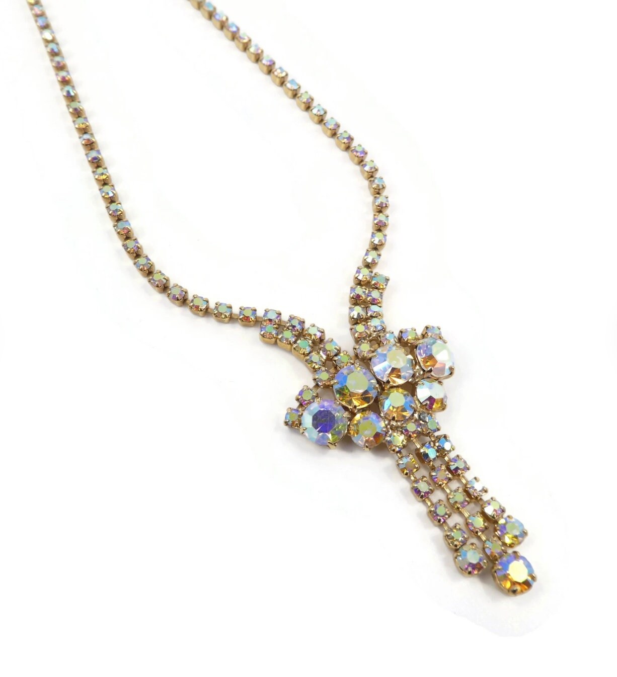 Vintage Aurora Borealis Rhinestone Necklace with Dangles, Gold Tone