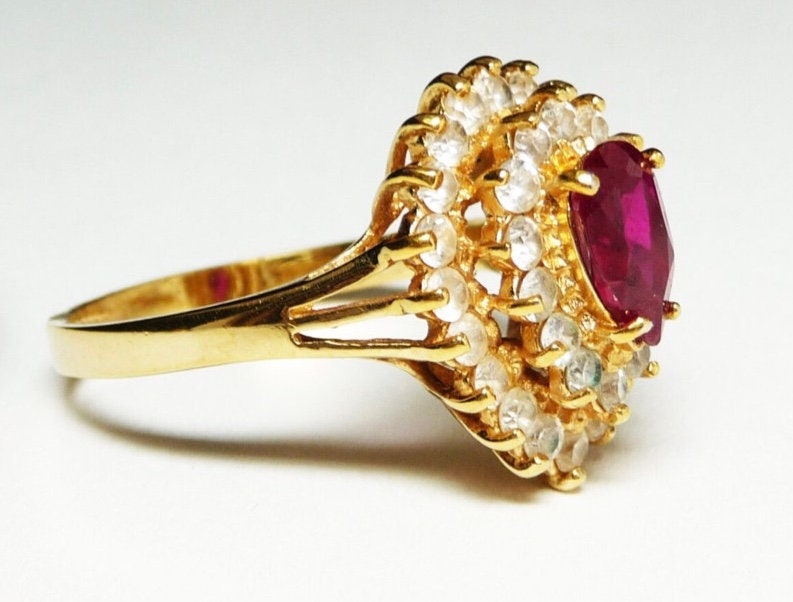 Vintage Treated Red Ruby spinel Teardrop Ring - Gold Signed 14KT GE ESPO - 3 Tiered Ring - Treated  Red Ruby Spinel ,Vintage