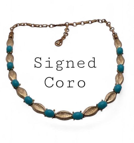 Vintage Signed Coro Textured Gold Tone and Turquoise Blue Faux Stone Necklace with Adjustable Length - 1970s