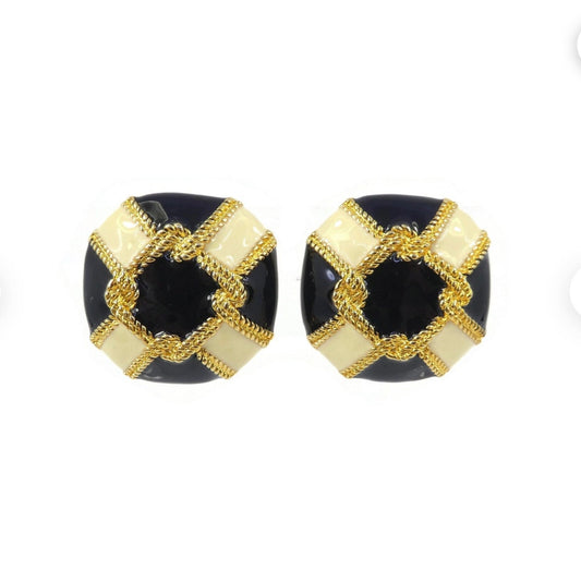 Vintage CIRO Black Cream Earrings with Gold Tone, Roping, Clip Ons, Signed