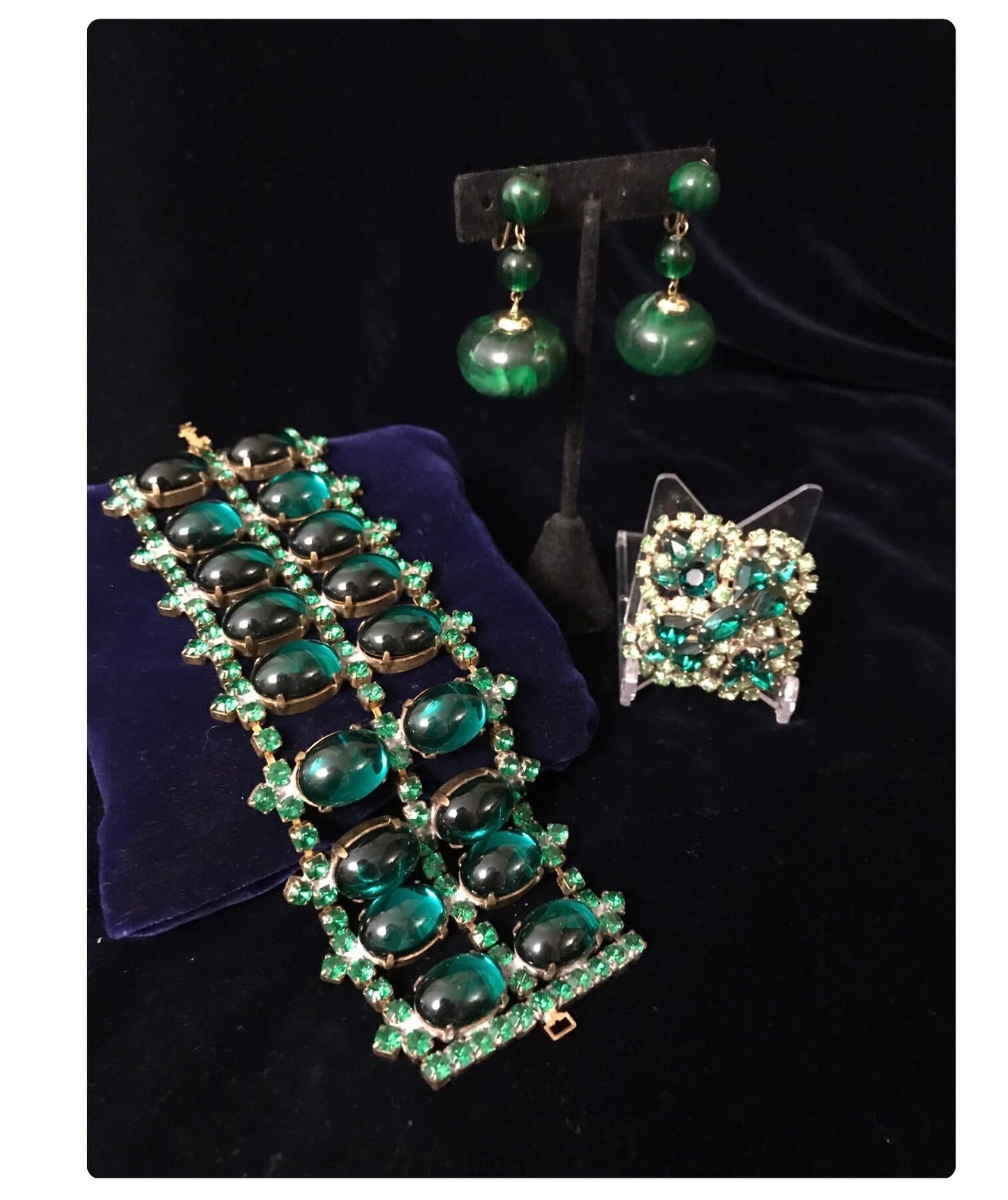 Garden of Green: Vintage Czech Brass Emerald Green Glass Cabochons & Rhinestone Bracelet Vintage Juliana Rhinestone Brooch Clip-On