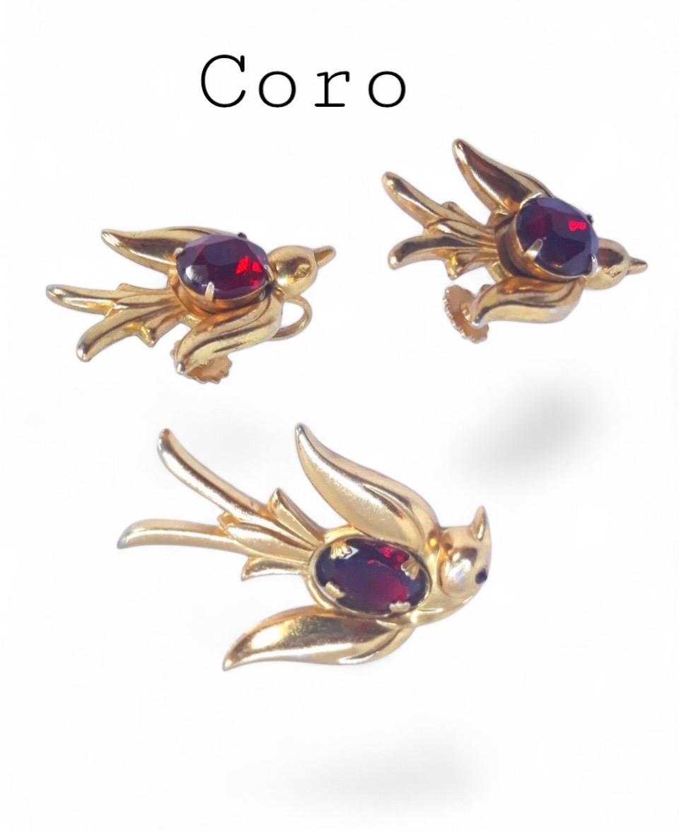 RARE early Coro Pegasus bird swallow rhinestone brooch pin & screw back earring jewellery,hallmarked Coro Craft.