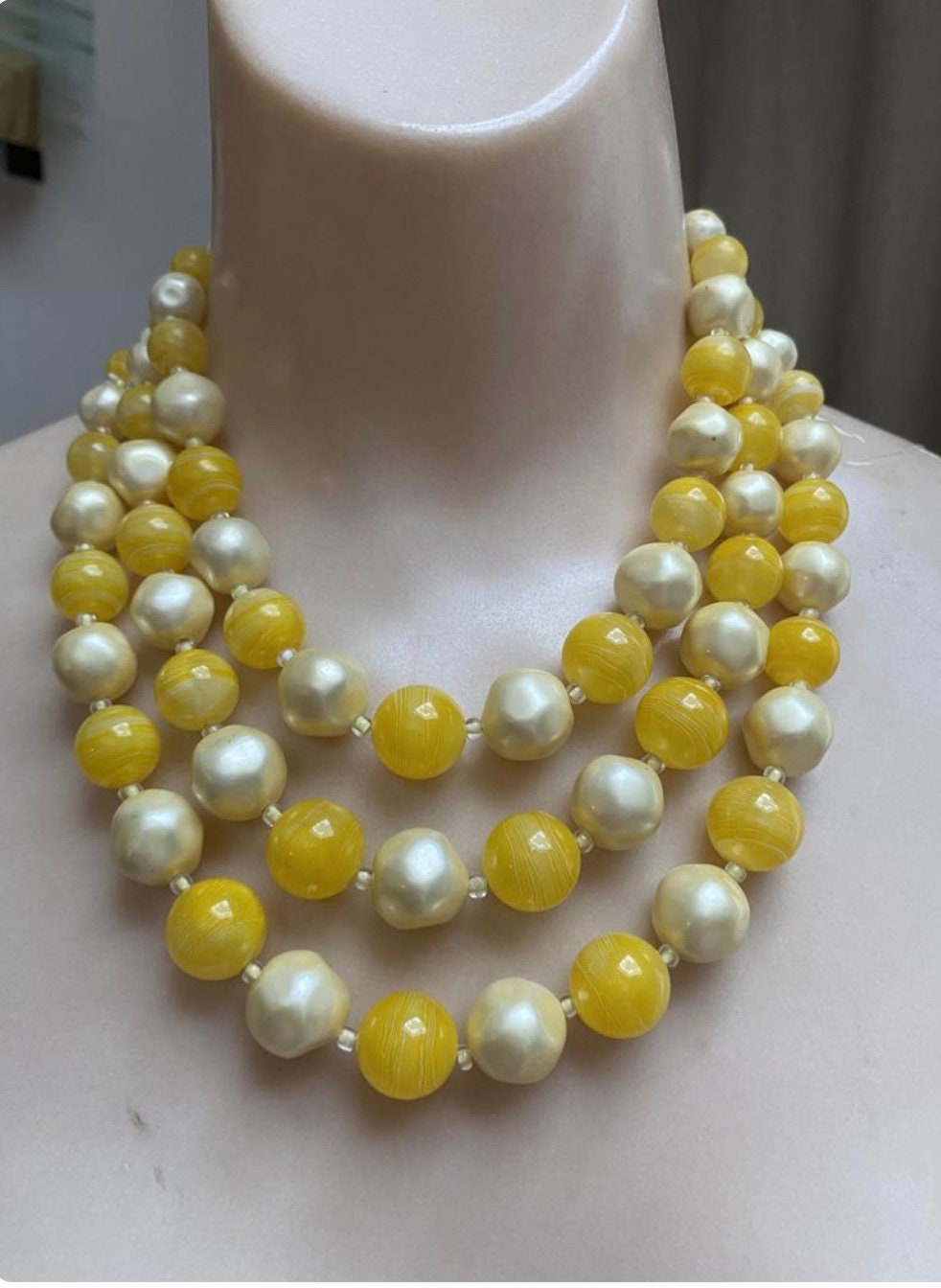 Triple strand bright yellow bead necklace set
