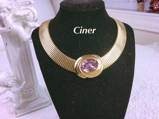 Stunning Ciner Pink swarovski Crystal Necklace 1980s, Classic Ciner Gold Necklace, Wide Gold Choker,embellished in the center