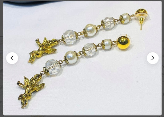 Pretty Long Vintage Faux Pearl and Faceted Glass Cherub Dangle Earrings