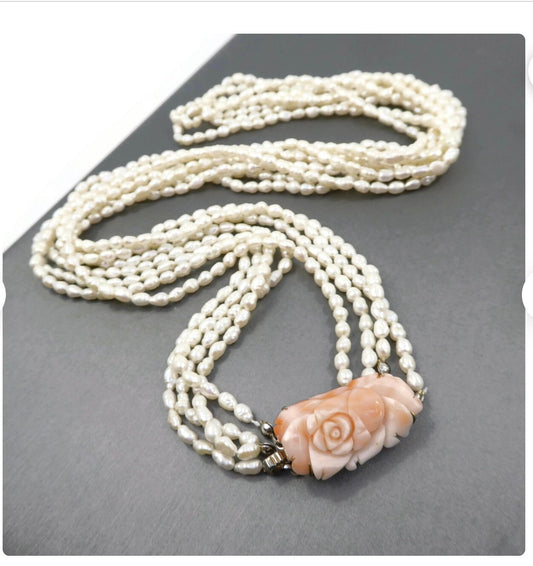 Vintage Carved Rose and Angel Skin Coral Necklace with Genuine Rice Pearls - Five Strands - Long