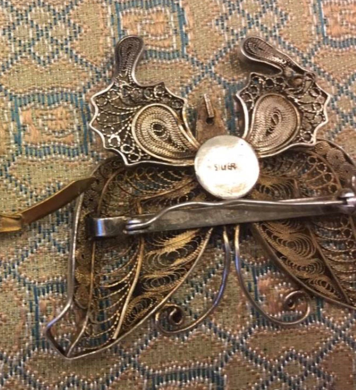 Huge Early 1900's Silver Filigree Enamel Butterfly Brooch Antique Oriental Jewelry, Chinese Export to France