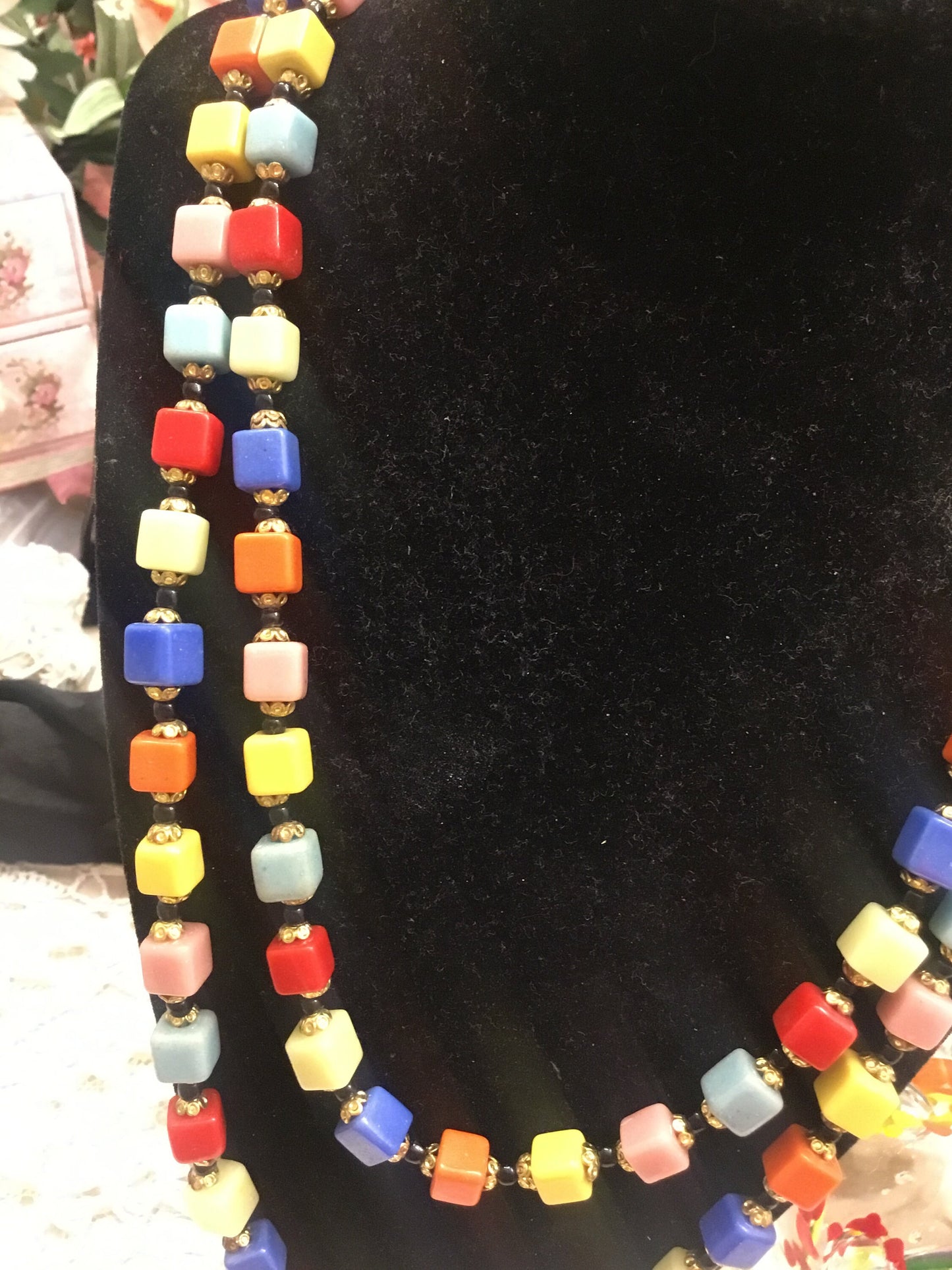 MCM Murano Italy Multi Color Cubic Glass Beads Opera Length Necklace