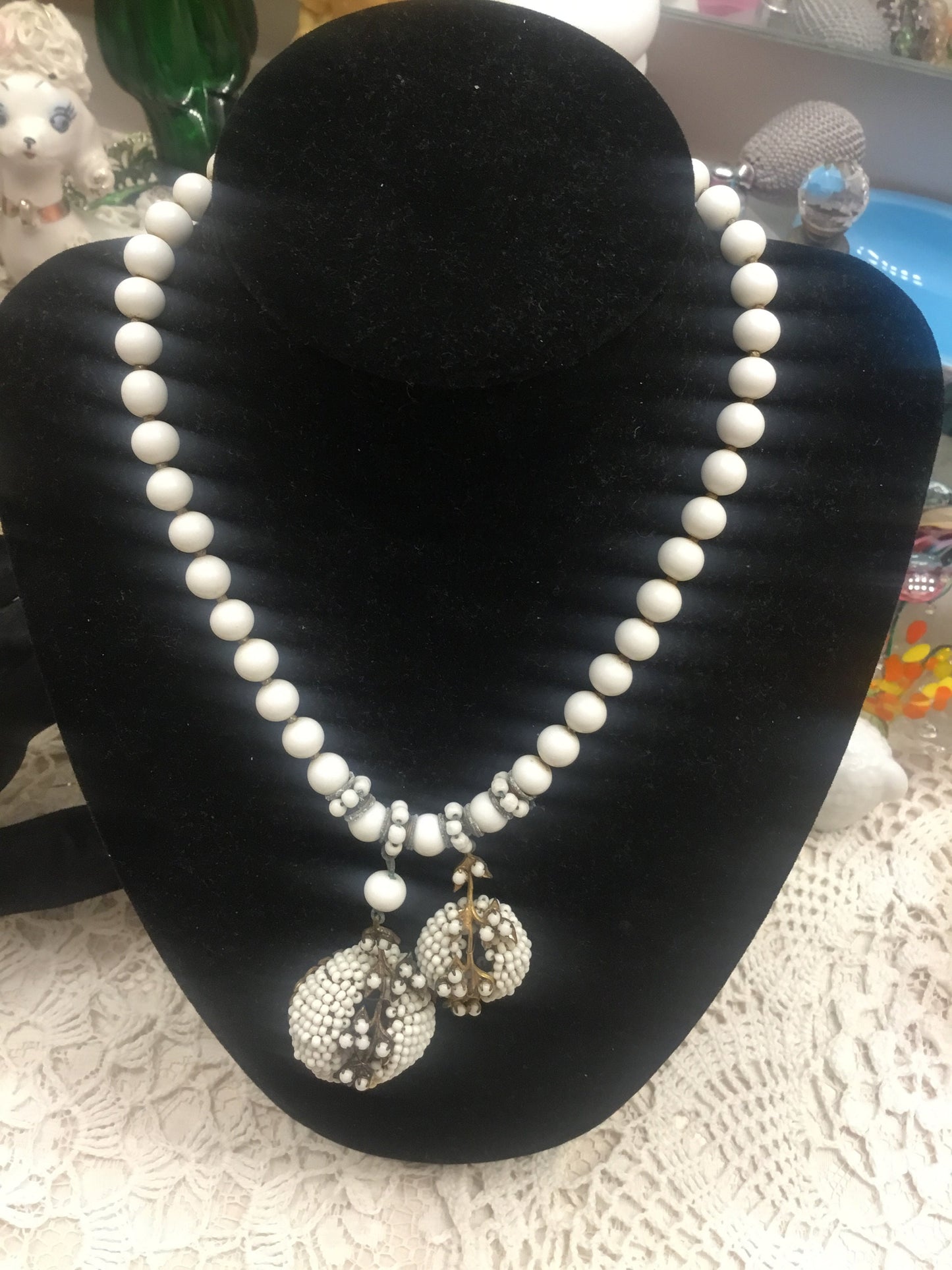 Lovely Signed Miriam Haskell Milk Glass Graduated Bead Pendant Necklace from the 1950’s