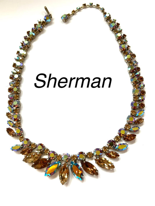 Signed SHERMAN Topaz Aurora Borealis Rhinestone Necklace