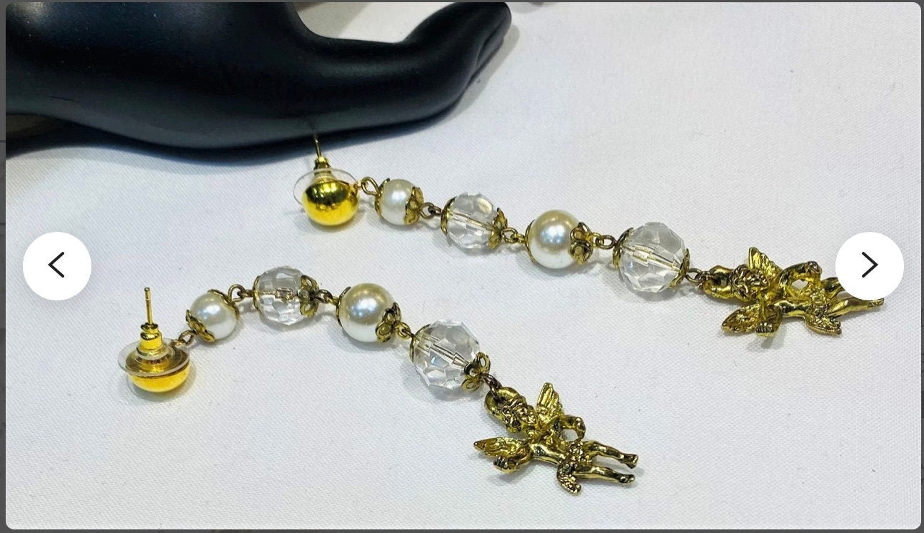 Pretty Long Vintage Faux Pearl and Faceted Glass Cherub Dangle Earrings