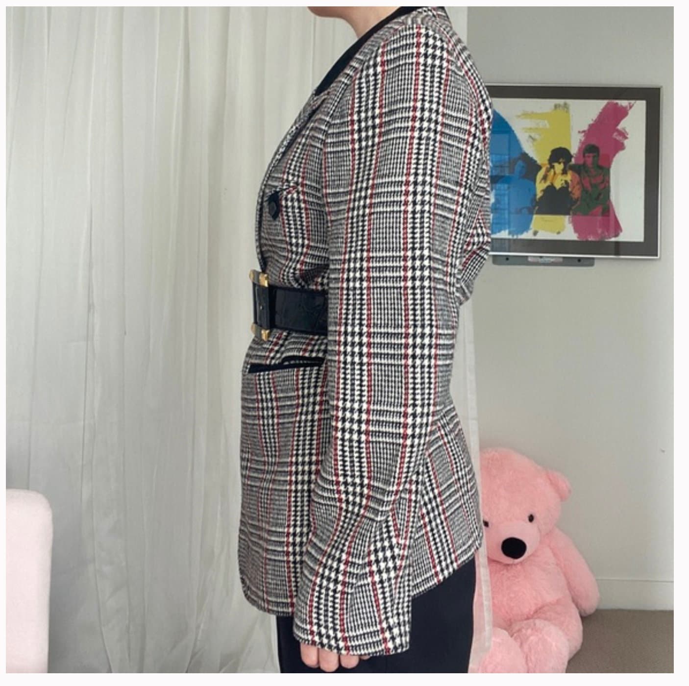 Vintage Houndstooth Plaid Wool Blend Blazer