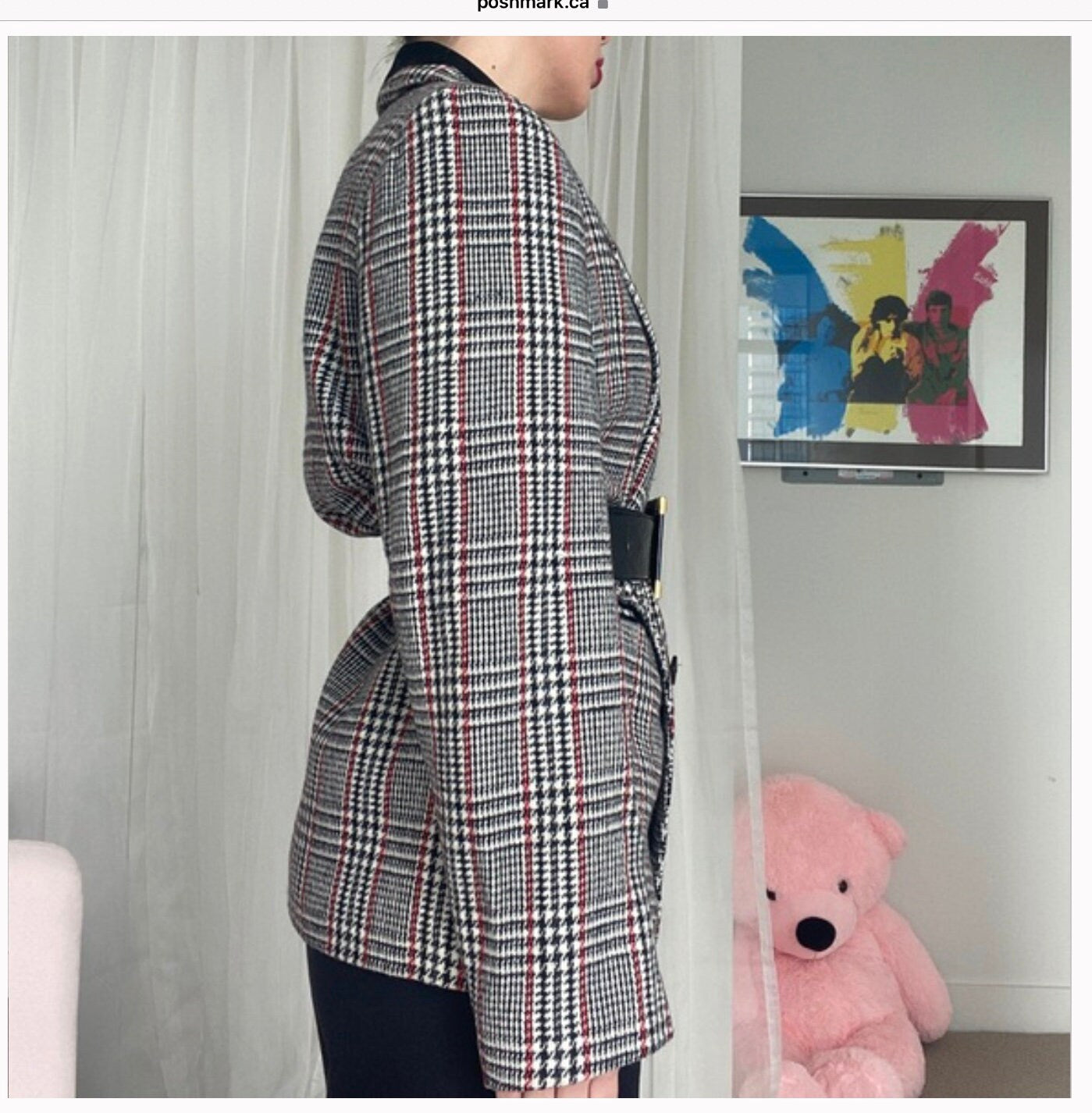 Vintage Houndstooth Plaid Wool Blend Blazer