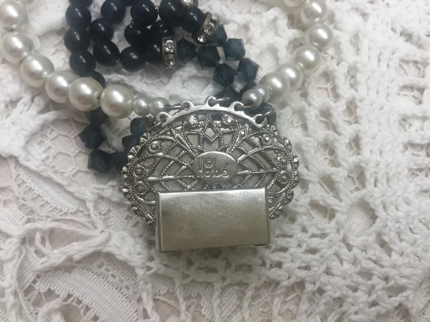 1950’s Vintage Signed Hobe Pearl,faux star sapphire, and Crystal Bracelet