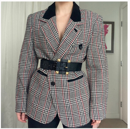 Vintage Houndstooth Plaid Wool Blend Blazer