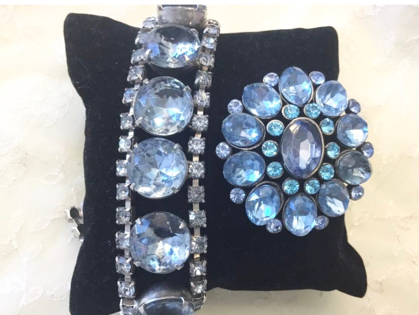 Vintage Blue Rhinestones Bracelet and brooch  ,Retro Costume Statement Crystal Jewelry