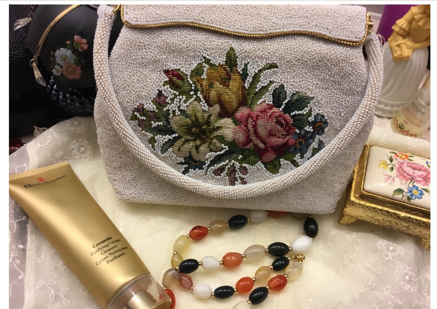 Vintage Beaded & Embroidered Purse - Petit Point Embroidery - Evening or Wedding Bag - Hand Beaded In The Crown Colony Of Hong Kong