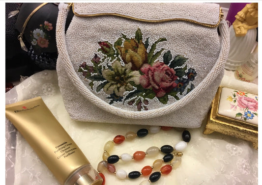 Vintage Beaded & Embroidered Purse - Petit Point Embroidery - Evening or Wedding Bag - Hand Beaded In The Crown Colony Of Hong Kong