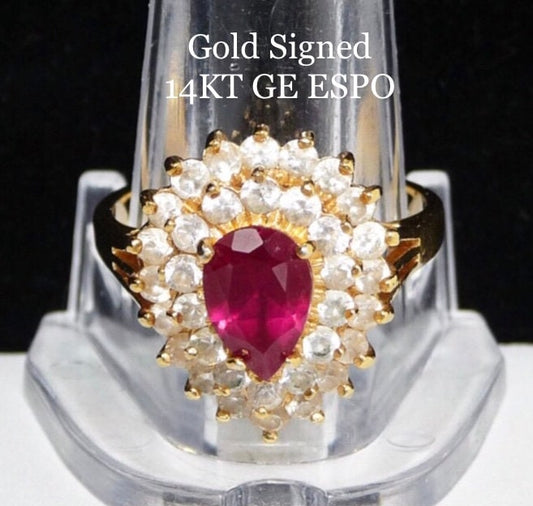 Vintage Treated Red Ruby spinel Teardrop Ring - Gold Signed 14KT GE ESPO - 3 Tiered Ring - Treated  Red Ruby Spinel ,Vintage