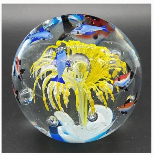 STUNNING Blue Striped Fish Yellow Flower Aquarium Large Bubbled Art Glass Paperweight